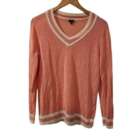 Talbots 100% Linen V-Neck‎ Varsity Sweater Pink White Trim Size M Medium Preppy - Picture 2 of 6